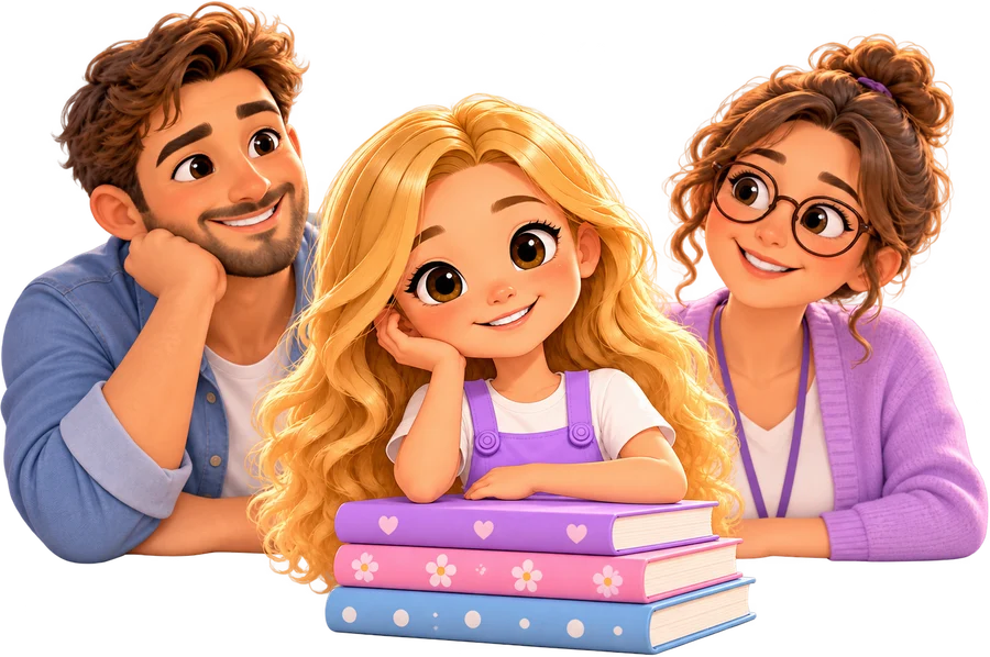 Lila junto a unos libros, con un papá y una maestra sonriendo